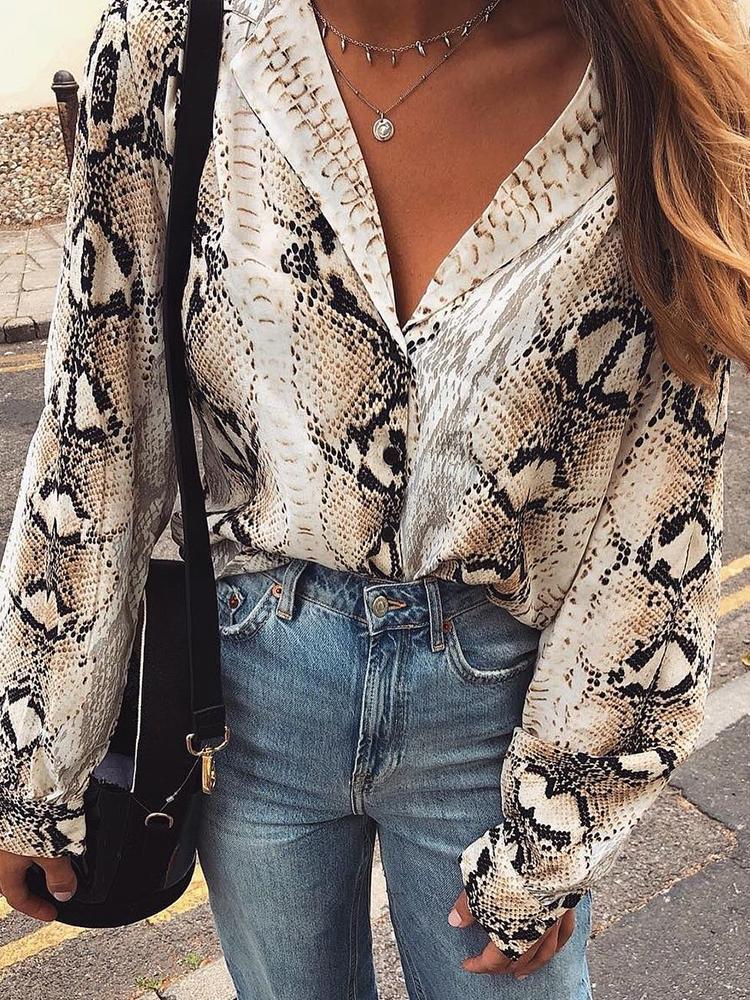 

Snakeskin Print Long Sleeve Loose Blouse, Multicolor