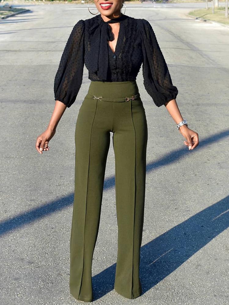

Solid Buckle High Waist Wide Leg Pants, Army green