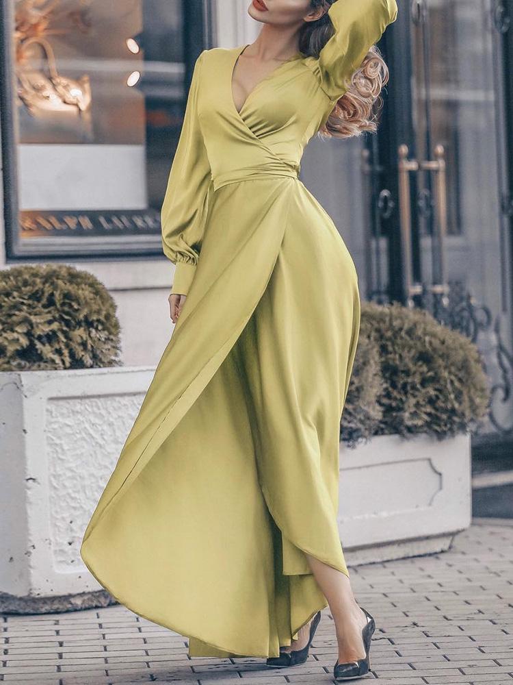 

Lantern Sleeve V-Neck Wrap Irregular Dress, Yellow
