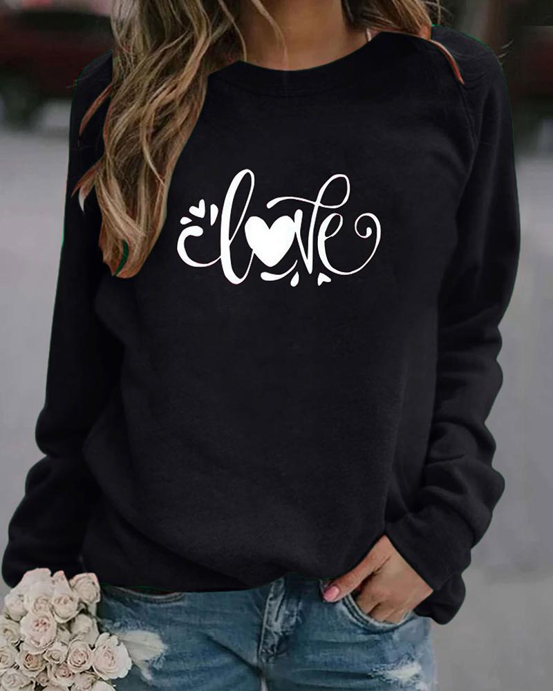 

Heart Print Long Sleeve Round Neck Sweatshirt, Black