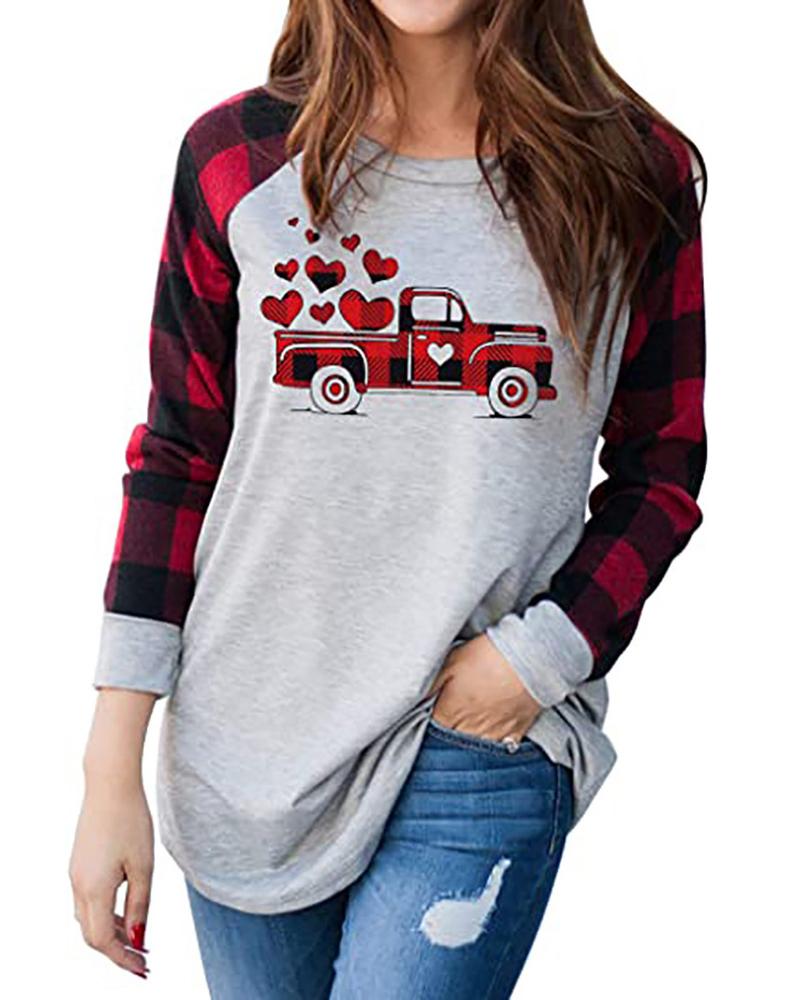 

Car Plaid Print Valentine Long Sleeve Tee, Red