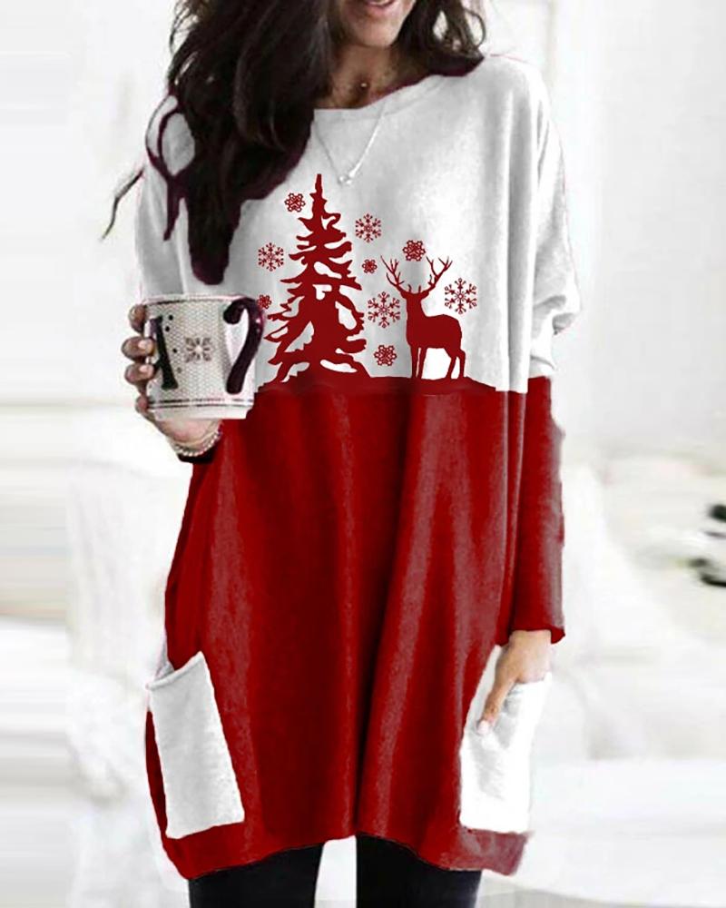 

Christmas Colorblock Pocket Design Sweatshirt, Red