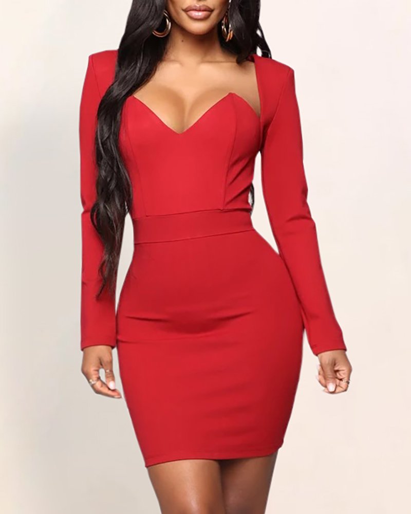 

Solid Long Sleeve Pencil Dress, Red