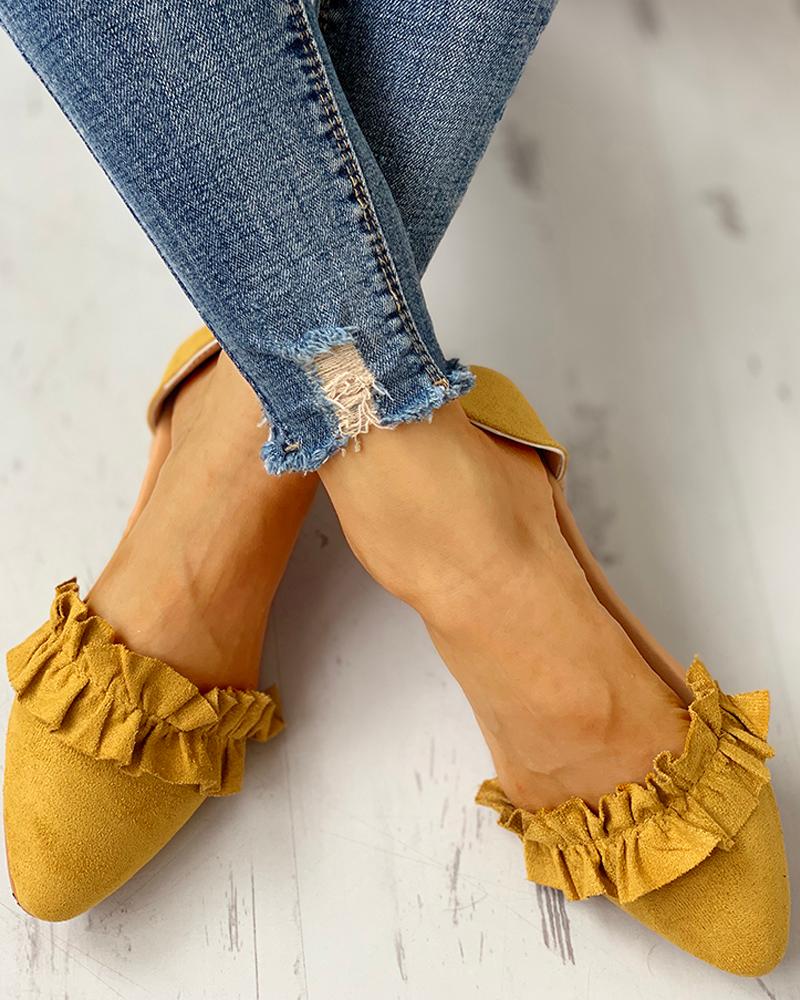 

Suede Pointed Toe Frill Flat Shoes, Yellow