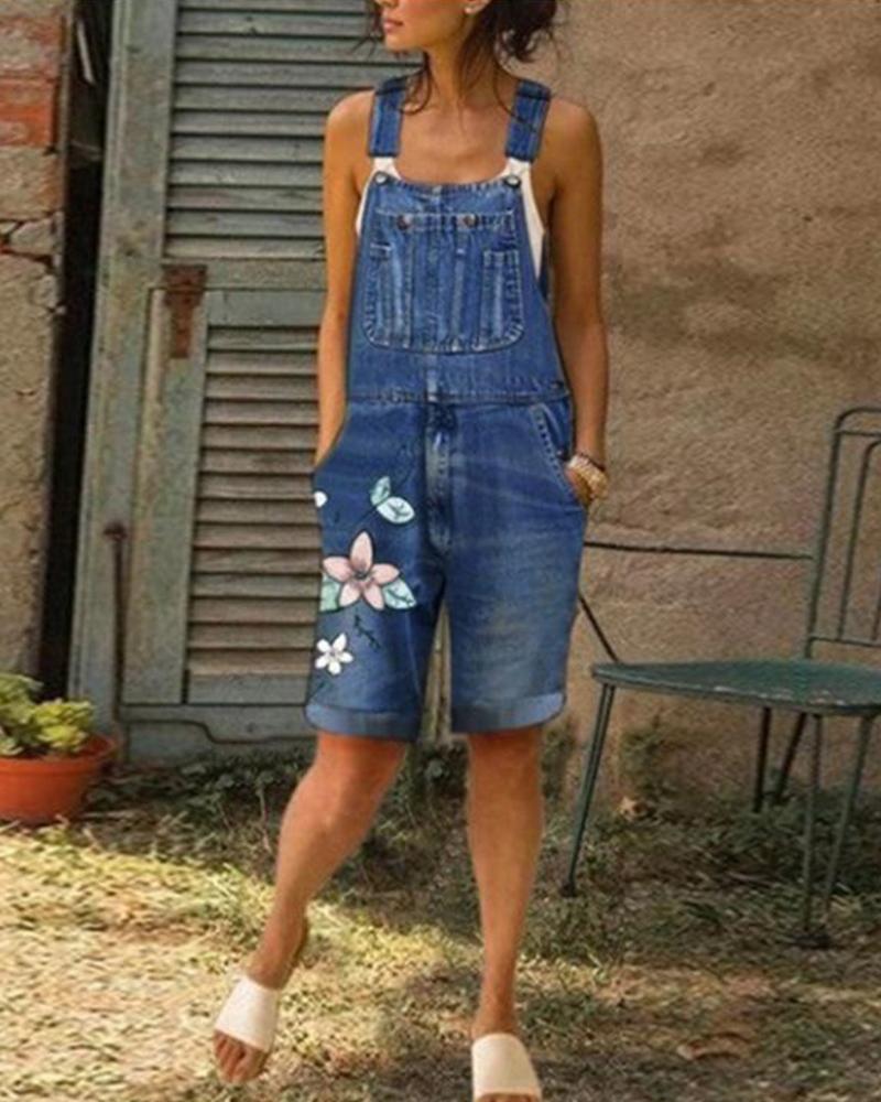 

Floral Knee Length Denim Overalls, Dark blue