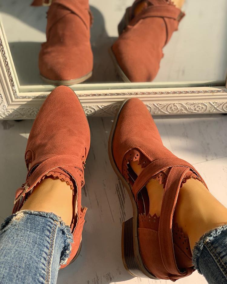 

Laser Cut Pointed Toe Chunky Heels, Brown