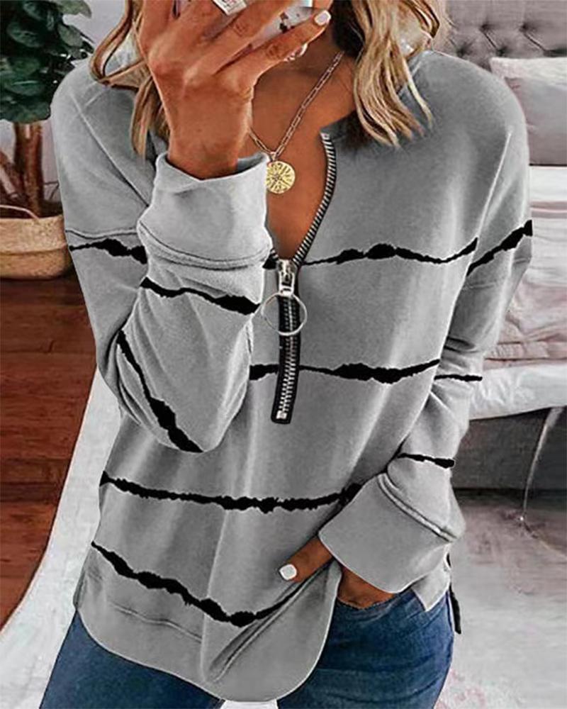 

Striped Long Sleeve Splicing Zipper Blouse, Gray
