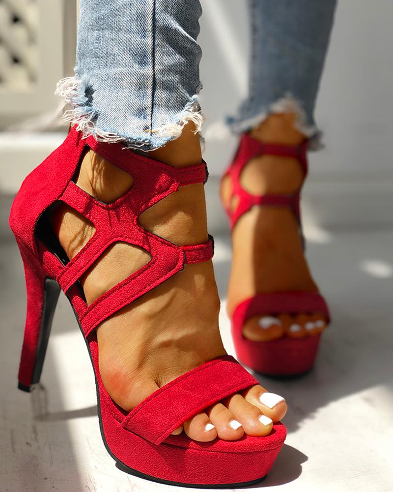 

Suede Cutout Platform Thin Heeled Sandals, Red