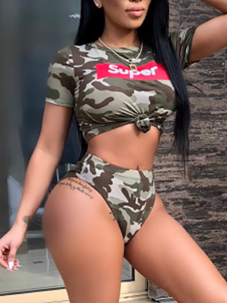 

Camouflage Print Short Sleeve Cropped Swimsuit