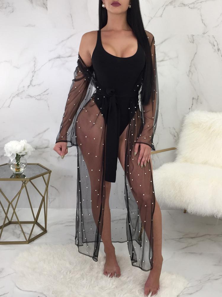 

Black Shiny Embellished See-Through Mesh Cover Up