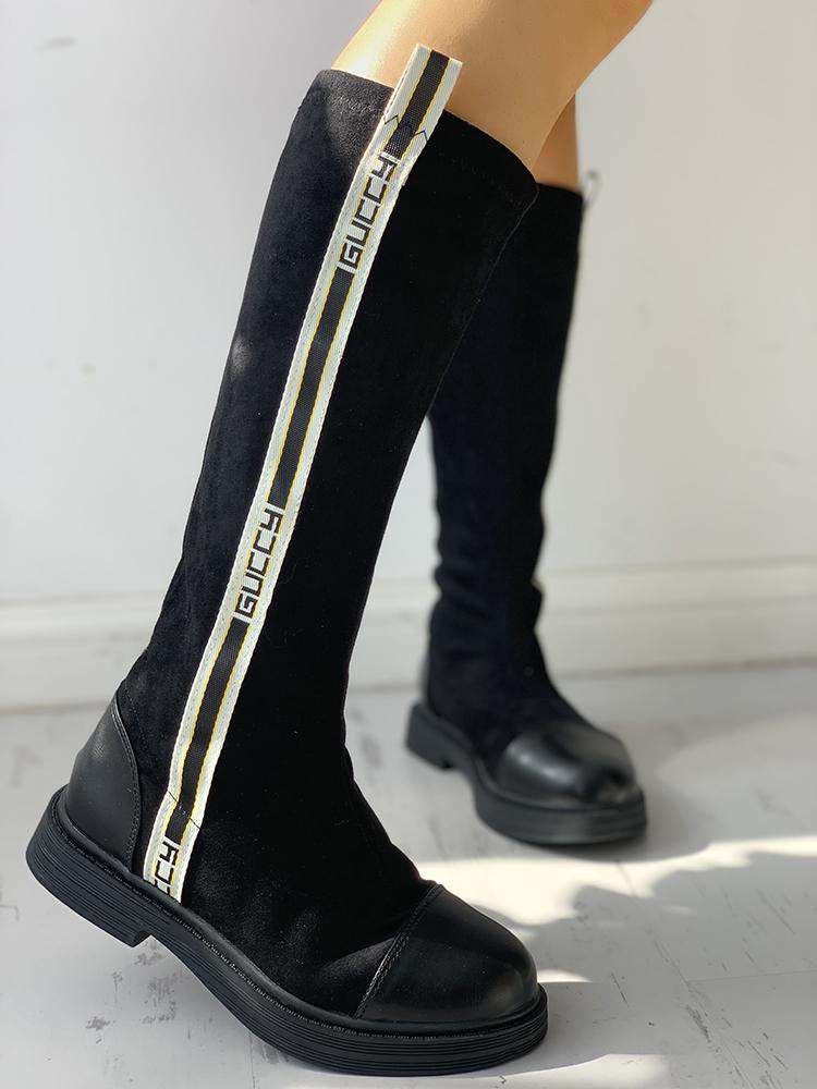

Suede Striped Tape Splicing Boots, Black