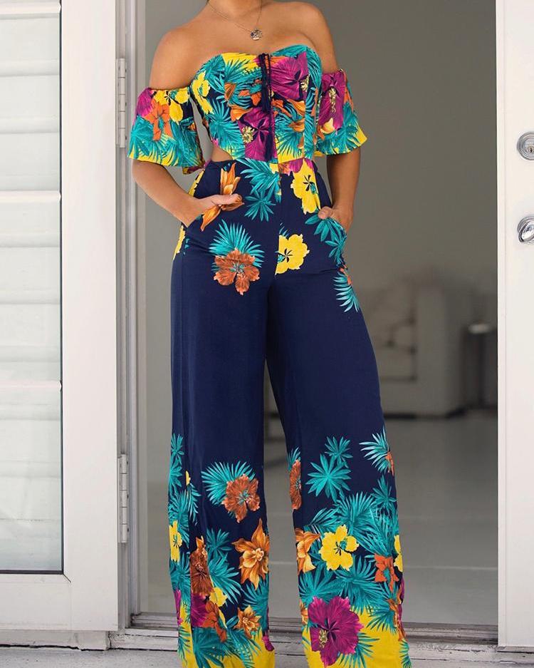 

Floral Print Bell Sleeve Tie Back Wide Leg Jumpsuits, Purplish blue