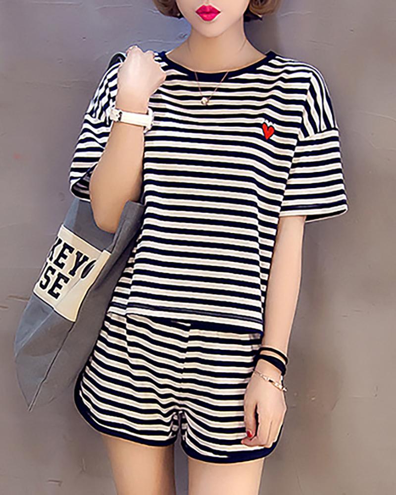 

Short Sleeve Striped Print Pajamas Set, Black