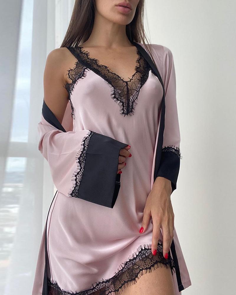 

Plain Eyelash Lace Trim Robe & Gown Set, Pink