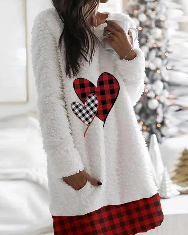 

Heart Print Plaid Teddy Dress, White