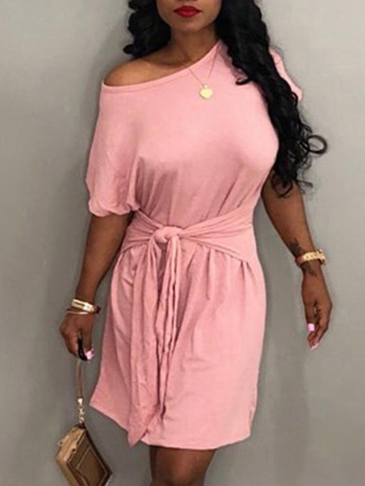 

Solid Self-belted Cutout Back Casual Dress