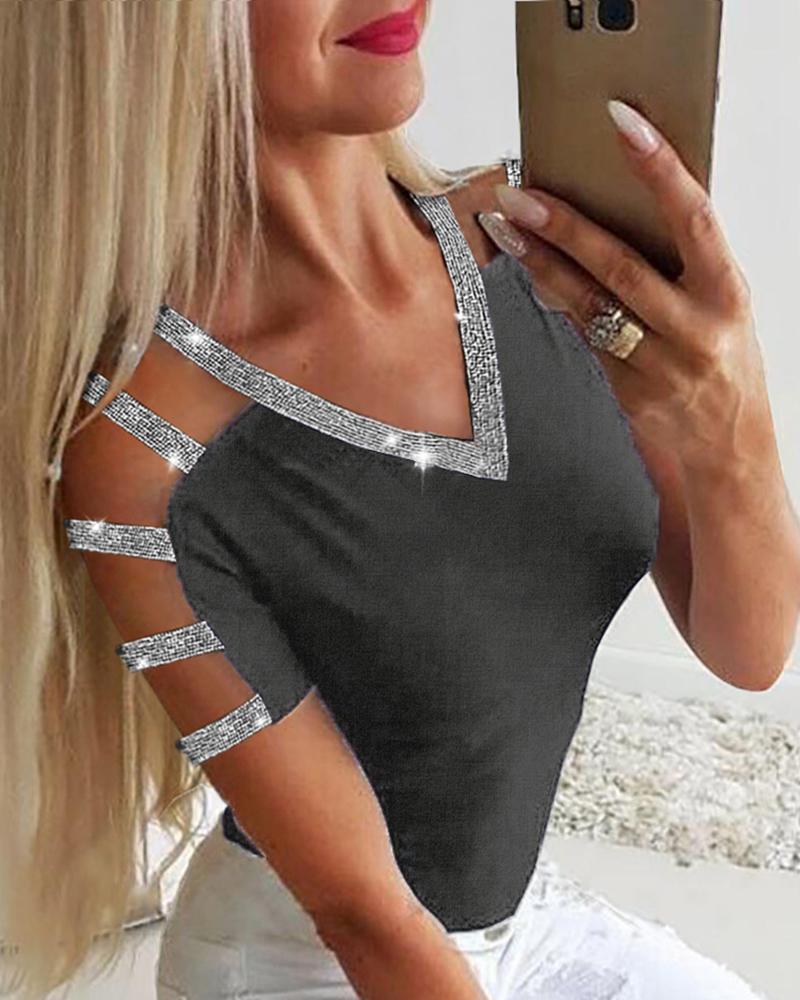 

Glitter Ladder Cutout Sleeve Casual Blouse, Gray