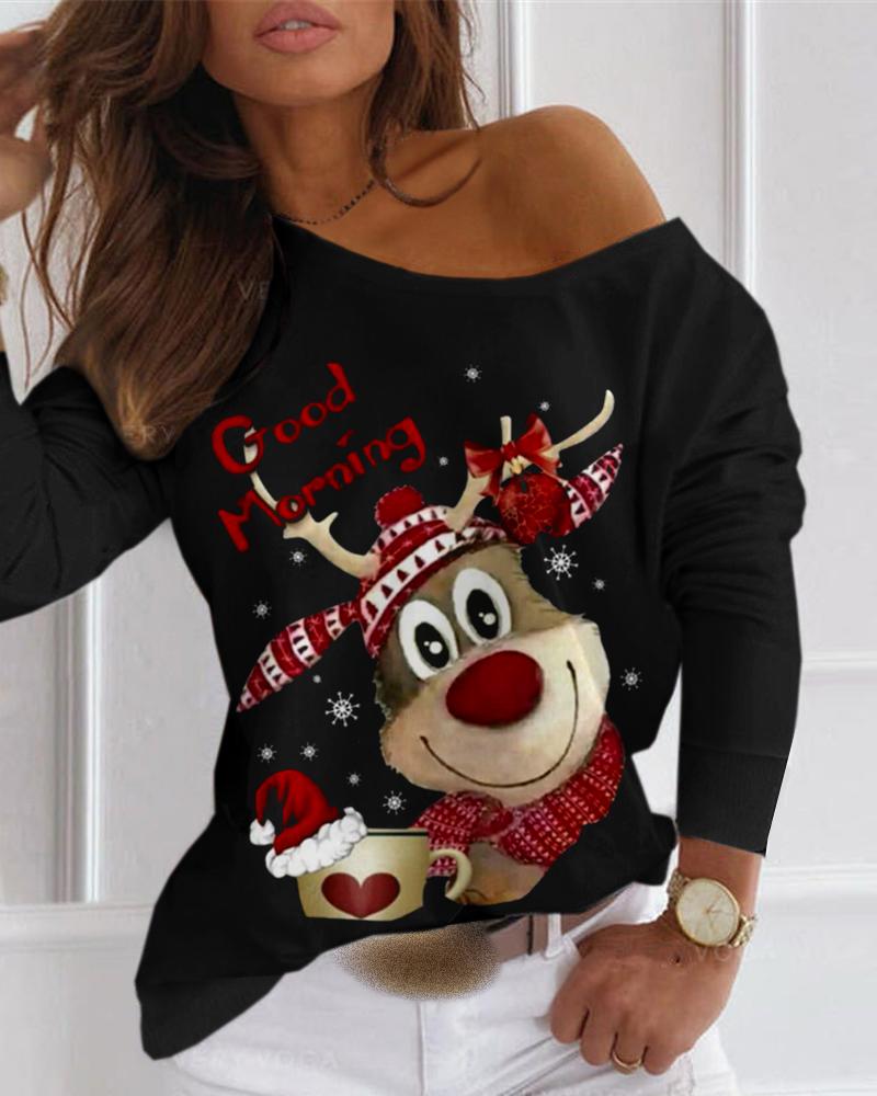

Christmas Letter Moose Print Long Sleeve T-shirt, Black