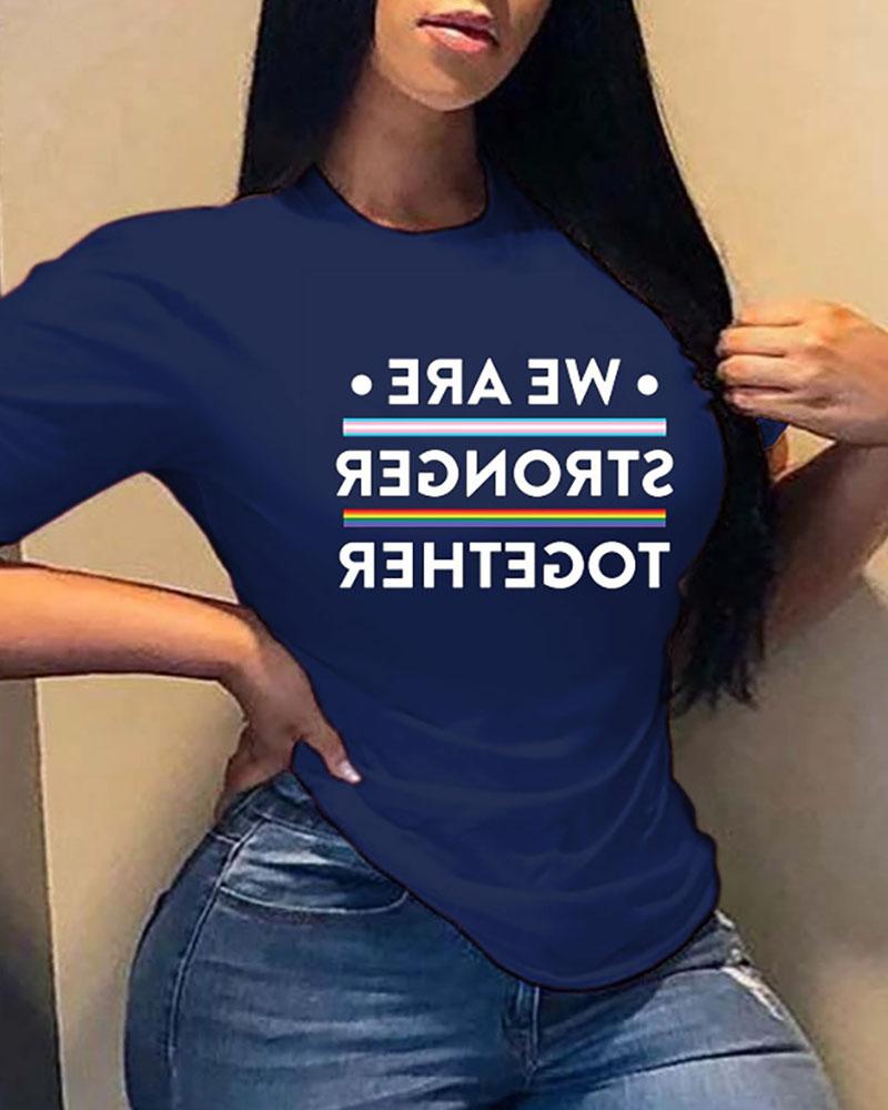 

Letter Print Striped Casual T-shirt, Dark blue