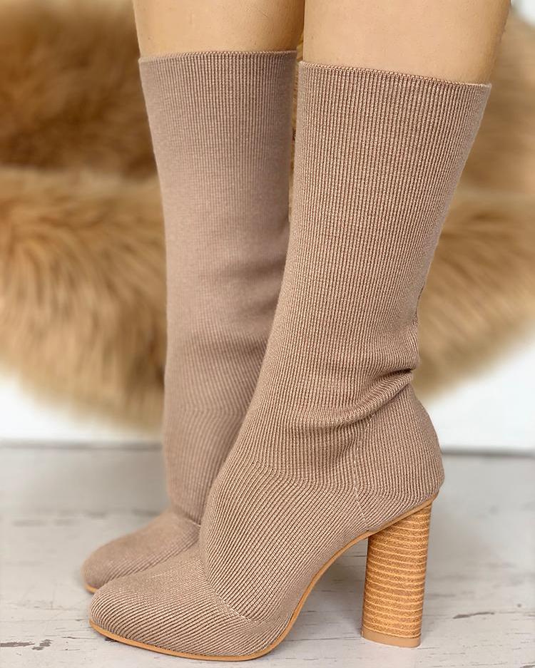 

Solid Knitted Sock Chunky Heel Boots, Apricot