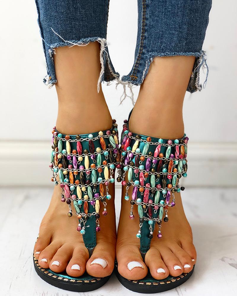 

Boho Beaded Toe Ring Flat Sandals, Green