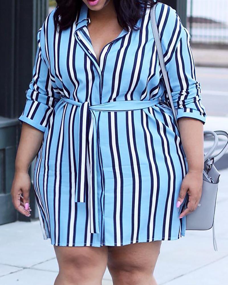 

Plus Size Striped Long Sleeve Shirt Dress, Blue