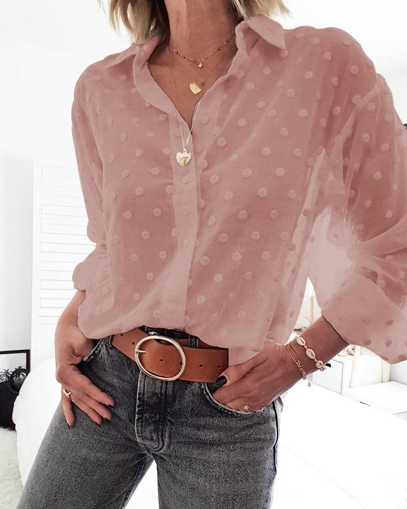 

Turn-down Collar Swiss Dot Loose Shirt, Pink