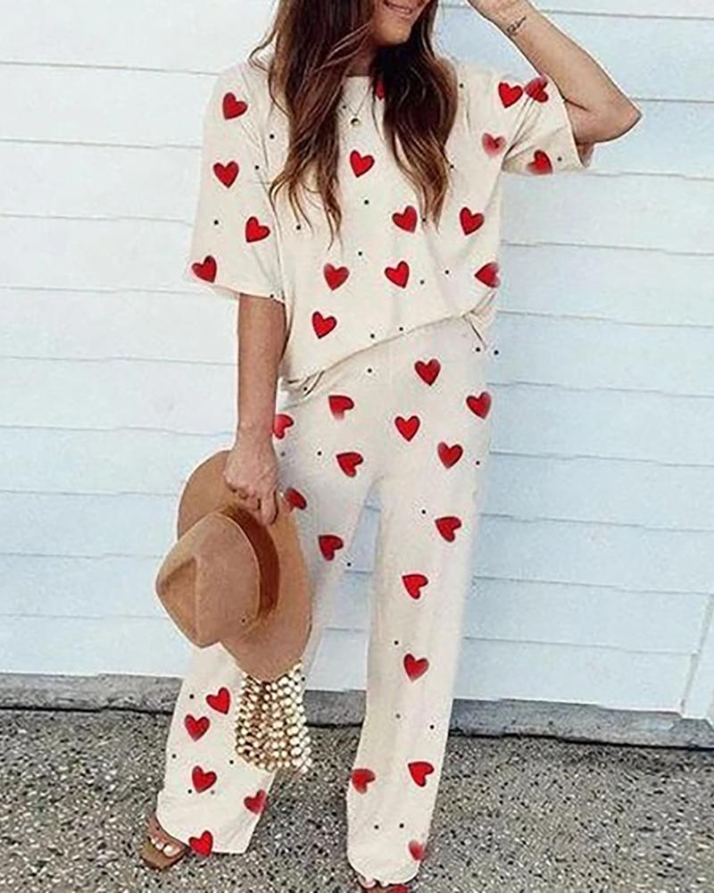 

Heart Print Short Sleeve Casual Top & Pant Set, Beige