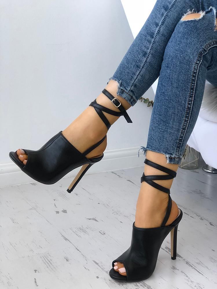 

Strappy Fish Mouth Heeled Sandals, Black