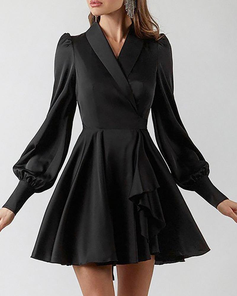 

Plain Tie Design Puff Sleeve Wrap Dress, Black
