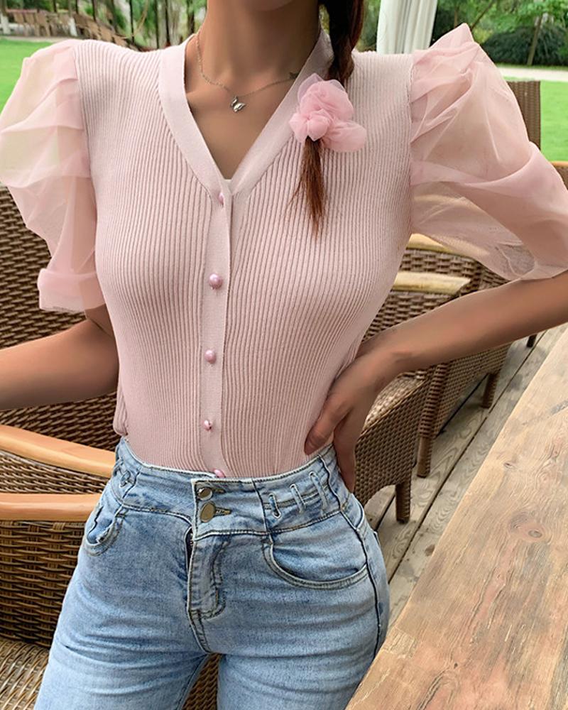 

Solid Splicing Bubble Sleeve Cropped Blouse, Pink