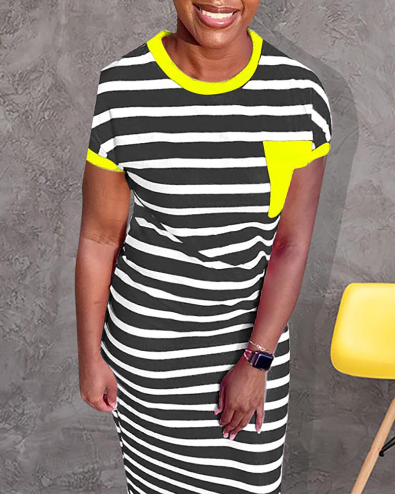

Striped Print Short Sleeve Maxi Dress, Yellow
