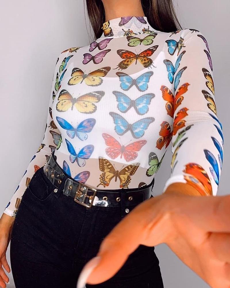 

Butterfly Print High Neck Casual T-shirt, White