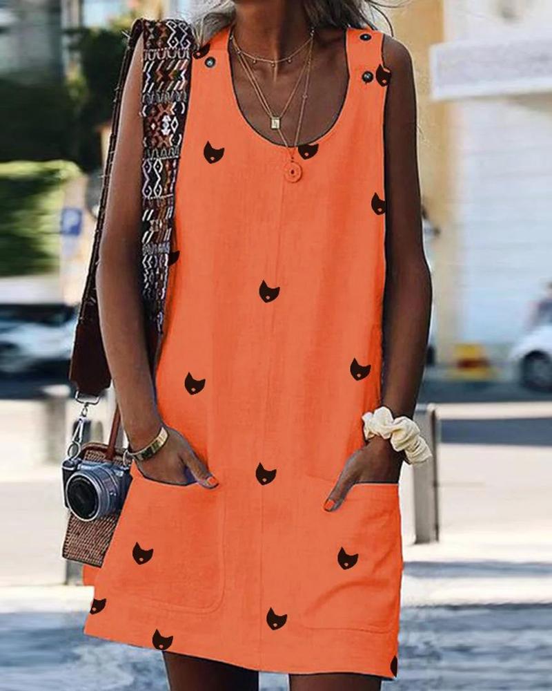 

Print button strap dress, Orange
