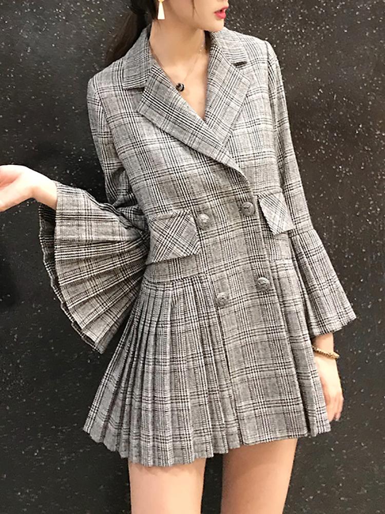 

Plaid Bell Sleeve Pleated Blazer Dress, Gray