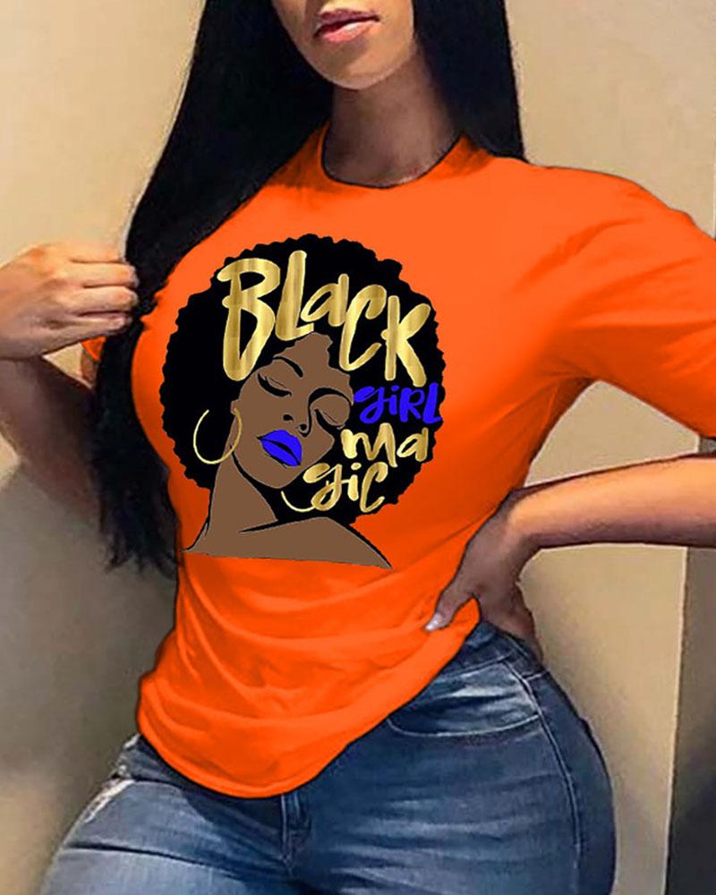 

Letter Figure Print Short Sleeve Casual T-shirt, Orange