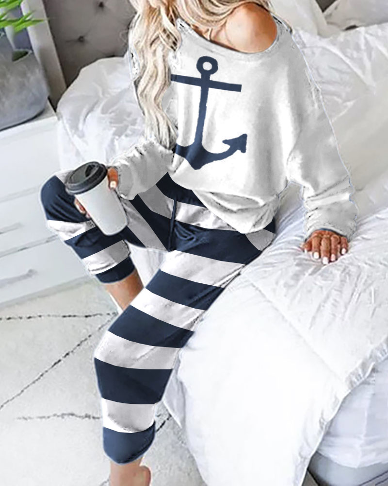 

Boat Anchor Print Long Sleeve Pajamas Sets, White