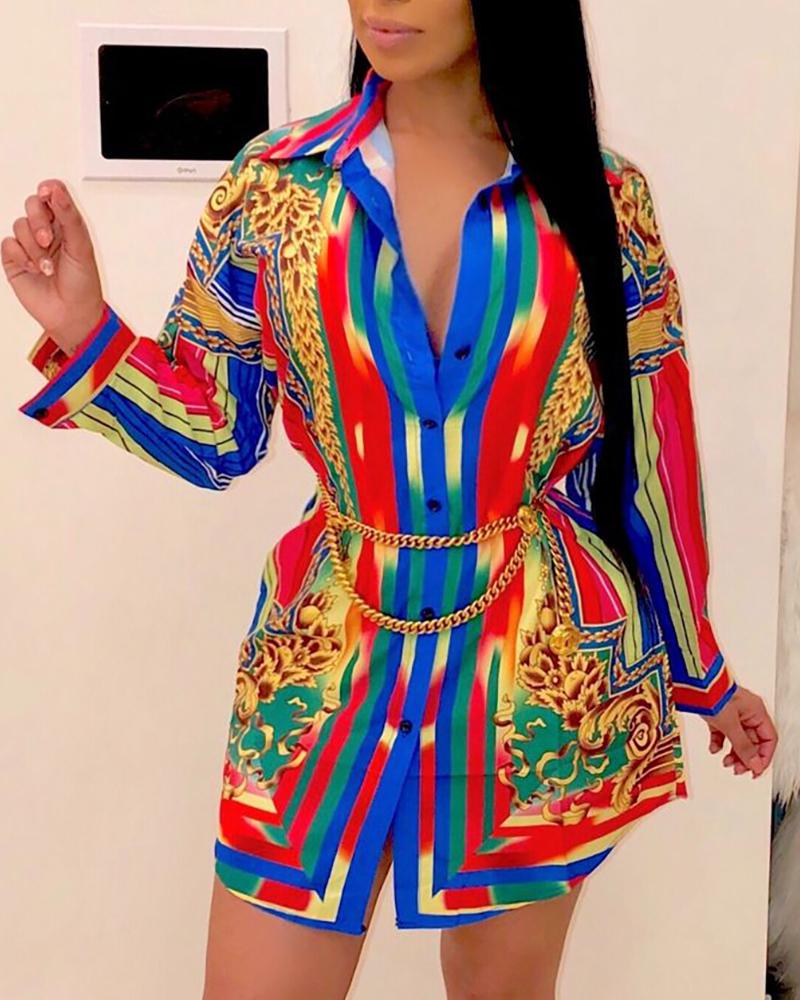 

Baroque Print Buttoned Shirt Dress, Blue