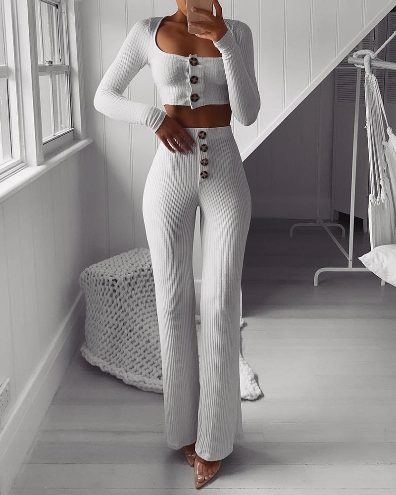 

Solid Long Sleeve Button Design Top & Pant Set, White
