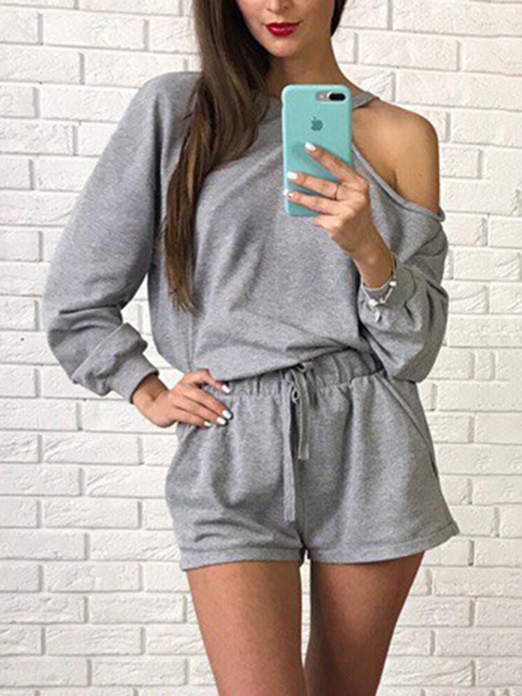 

One Cold Shoulder Casual Top Sports Suit Set, Gray