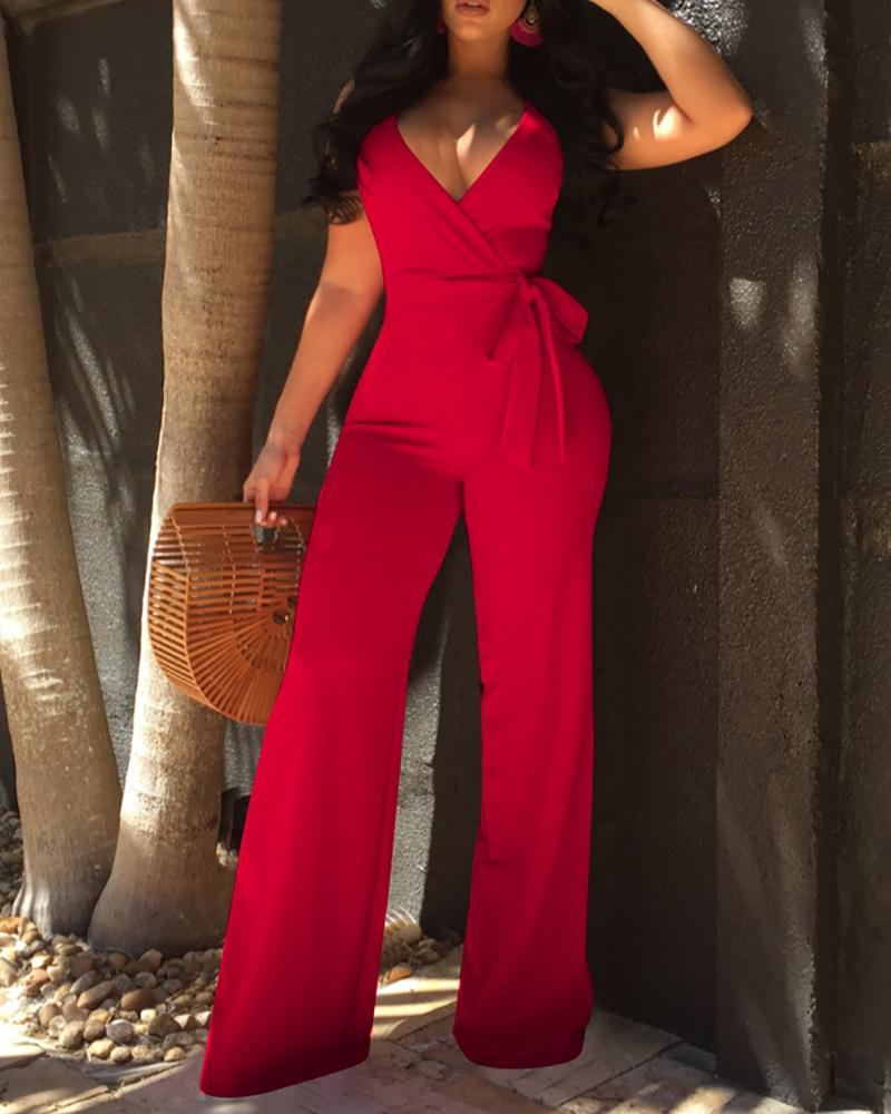 

Oversize Halter Backless Belted Deep V Wrap Jumpsuit, Red
