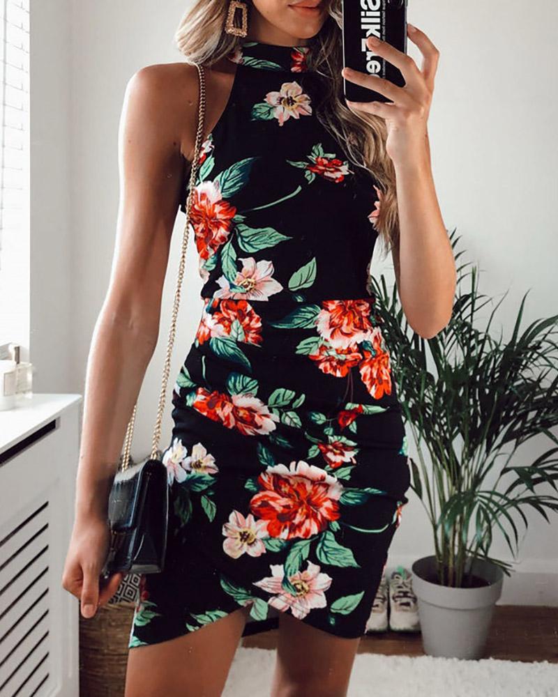 

Floral Print Ruched Sleeveless Bodycon Dress, Black