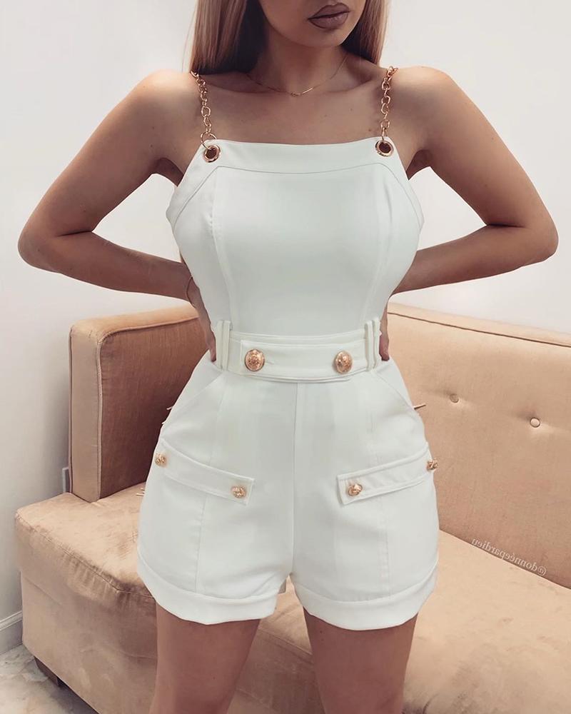 

Metal Chain Strap Button Detail Romper, White