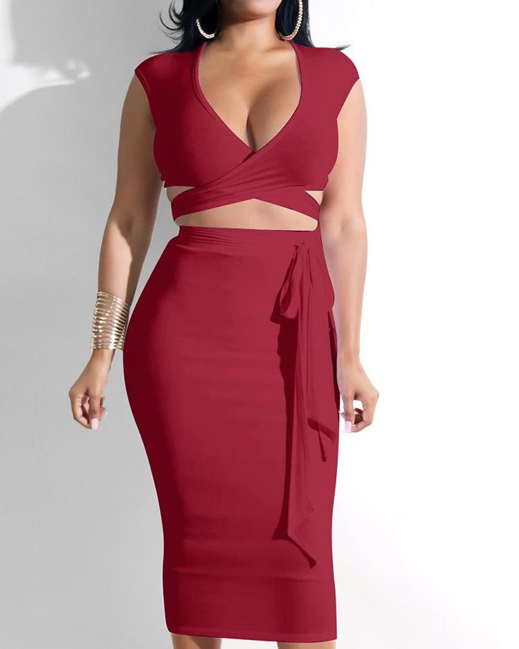 

Solid Crisscross Crop Top & Slinky Skirt Sets