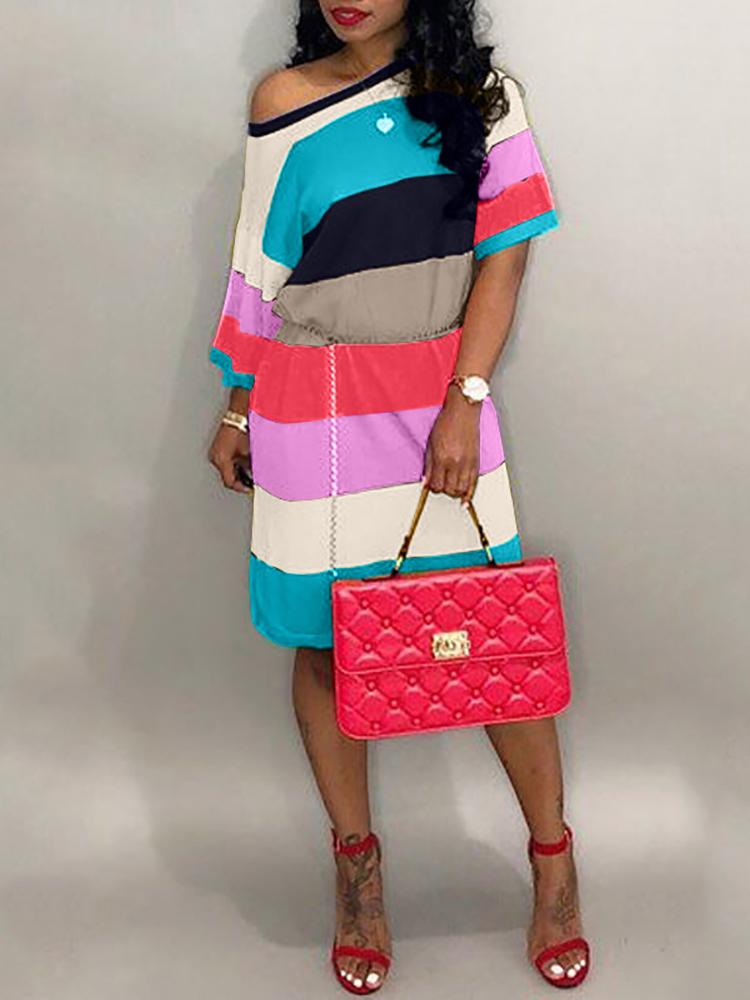 

Rainbow Color Striped Casual Dress, Blue
