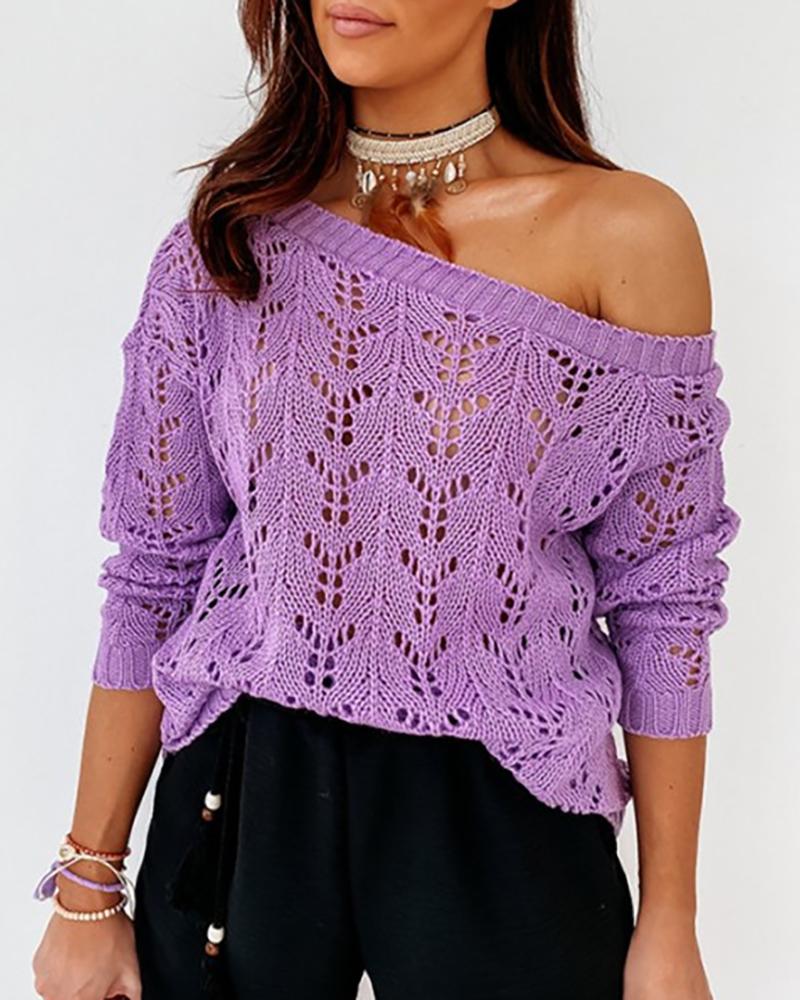 

Solid Hollow Out Long Sleeve Knit Sweater, Purple