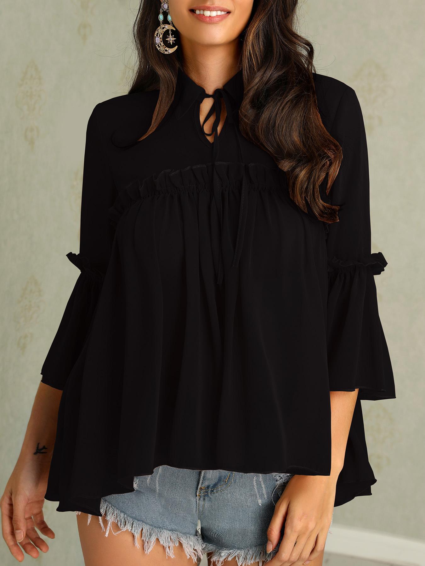 

Tie Neck Frills Flared Sleeve Babydoll Blouse