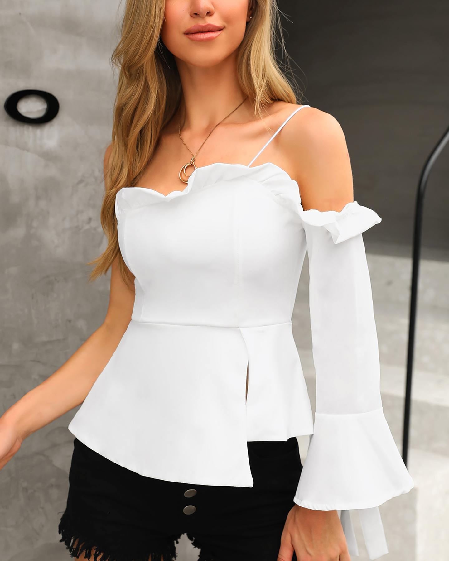 

One Shoulder Ruffles Irregular Casual Blouse, White