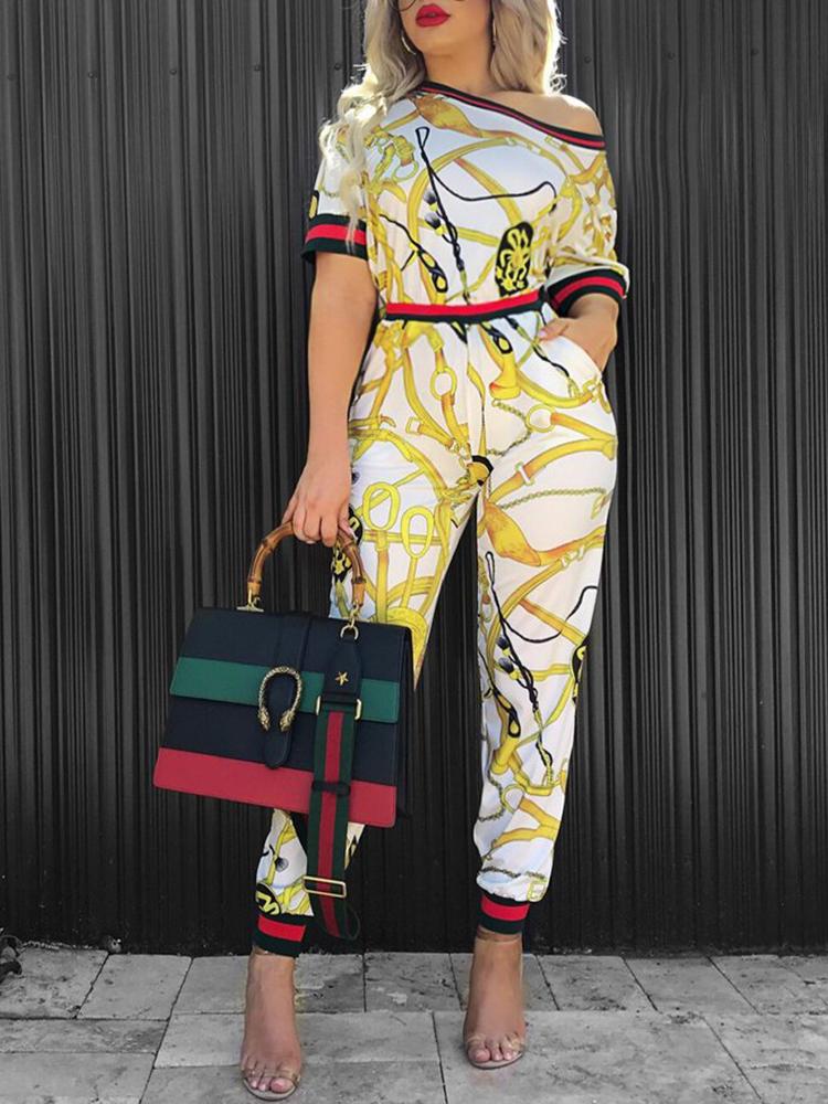 

Digital Print Contrast Binding Cropped Suit Sets, White;blue;yellow;black;purple