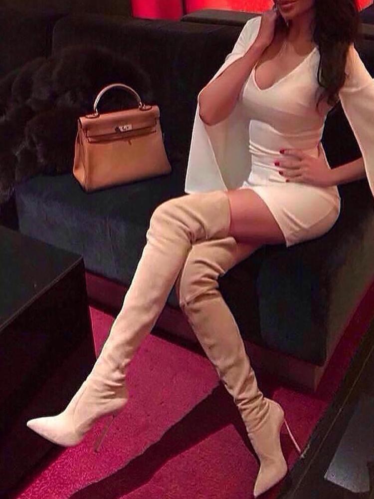 

Solid Knee-High Pointed Toe Heels Boots, Pink